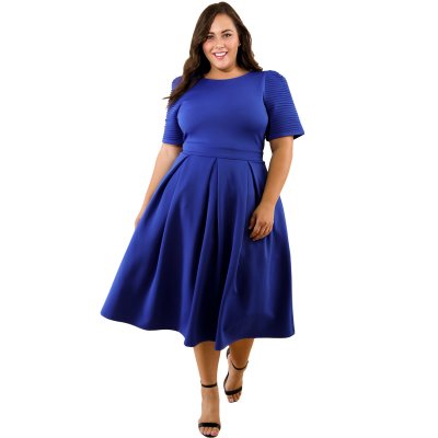 Blue Plus Size Pleat Flare Dress