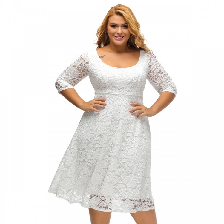 White Floral Lace Sleeved Fit and Flare Curvy Dress