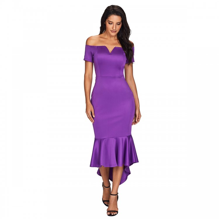 Purple Off Shoulder Short Sleeve Mermaid Dress
