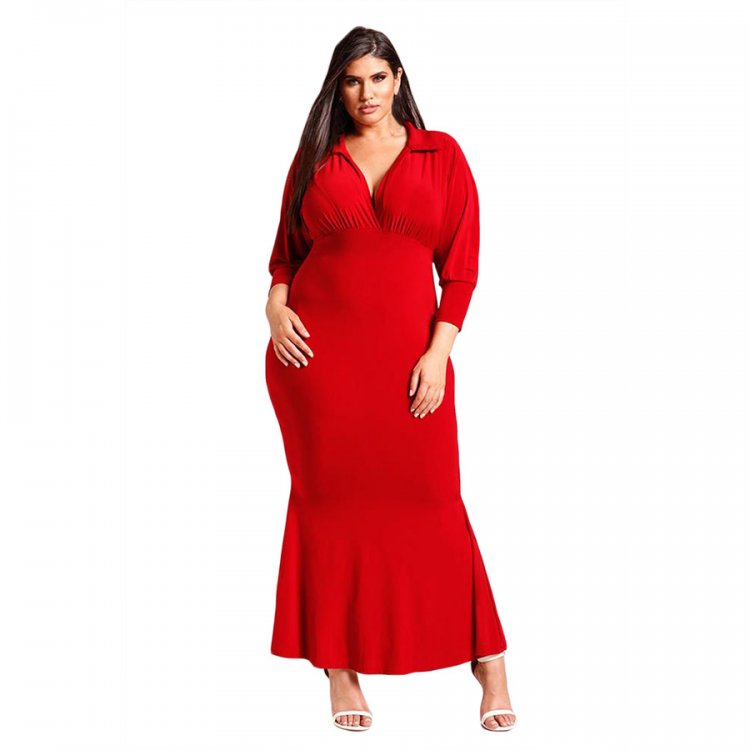 Red Plus Size Collared Deep V Maxi Dress