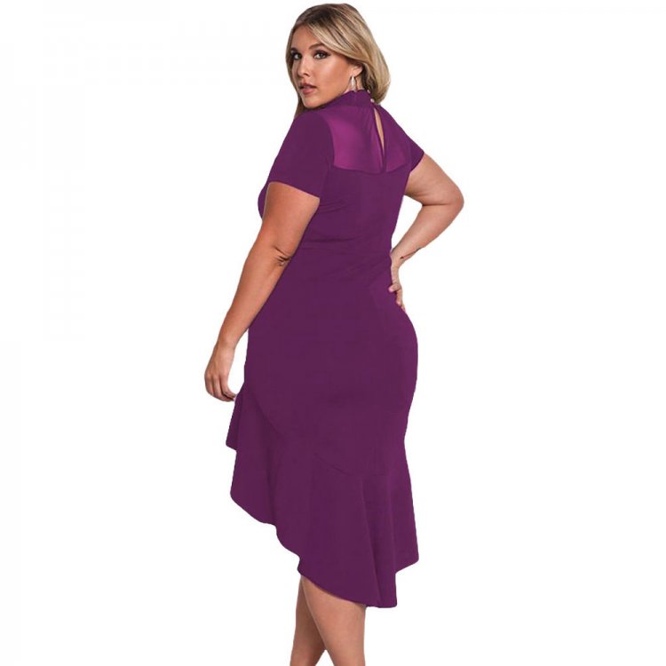 Purple Mesh Insert Ruffled Hi-low Hem Curvy Dress