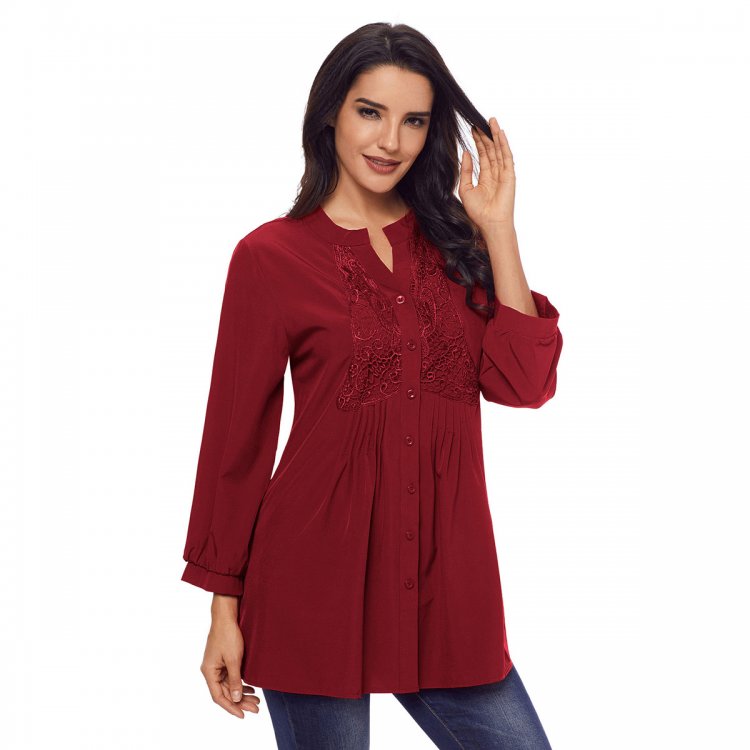 Wine Lace and Pleated Detail Button up Blouse