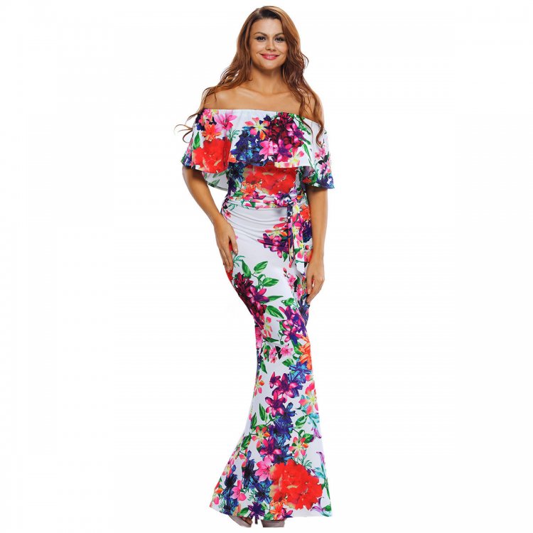Multi-color Floral Print Off-the-shoulder Maxi Dress
