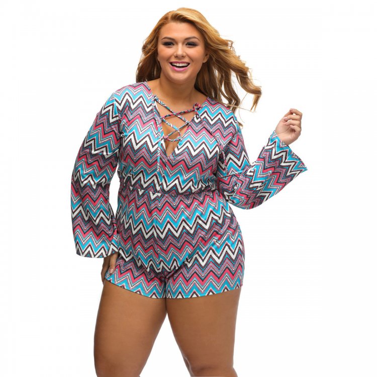 Plus Bright Zigzag Print Deep V Lace-up Long Sleeve Playsuit
