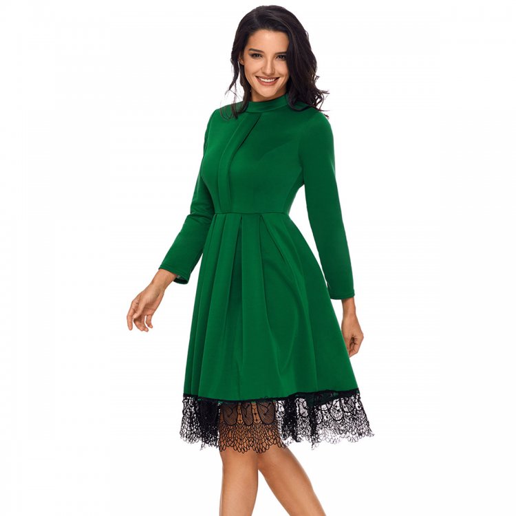 Lace Hemline Detail Green Long Sleeve Skater Dress
