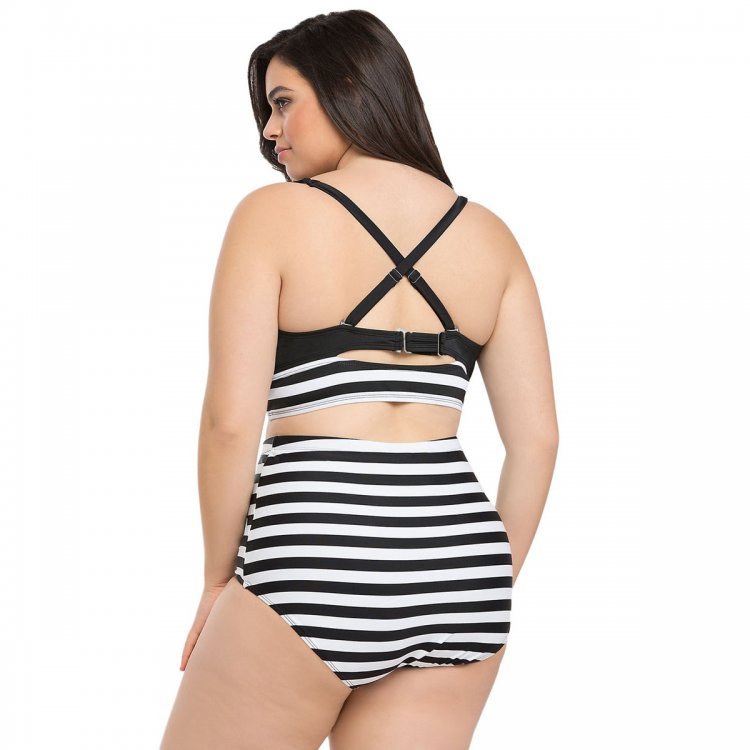 Striped Print Curvy High Waist Bikini Swimsuit