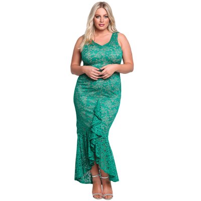 Emerald Plus Size Floral Lace Ruffle Mermaid Maxi Gown