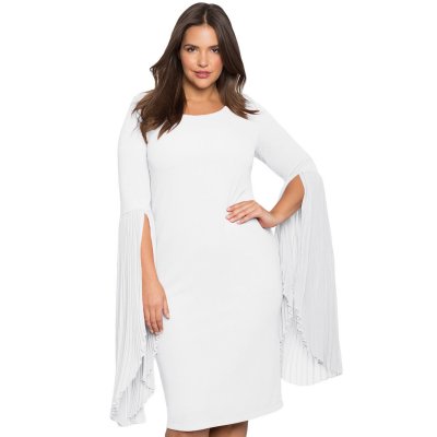 White Pleated Flare Sleeve Plus Size Dress
