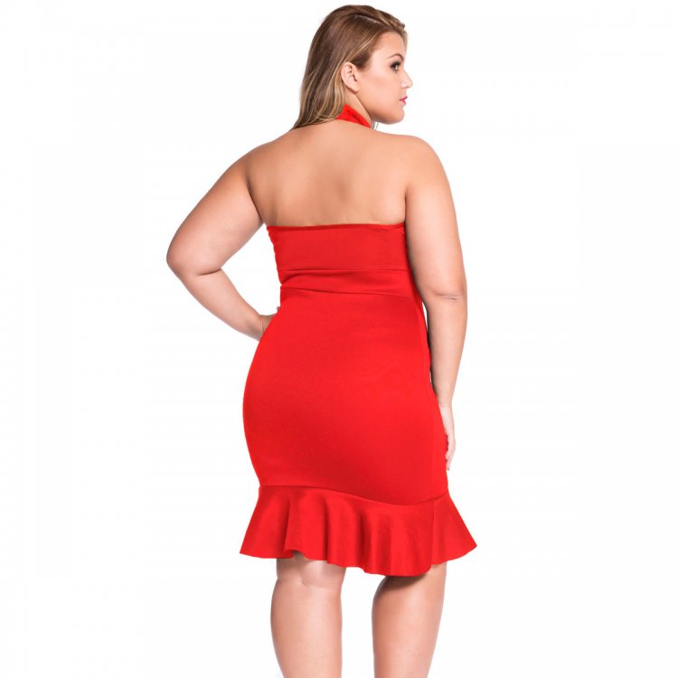 Red Lace-up Front Mermaid Ruffle Curvy Dress