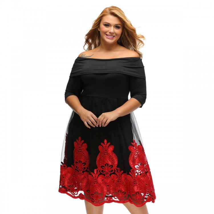 Red Lacy Embroidery Tulle Skirt Curvy Skater Dress