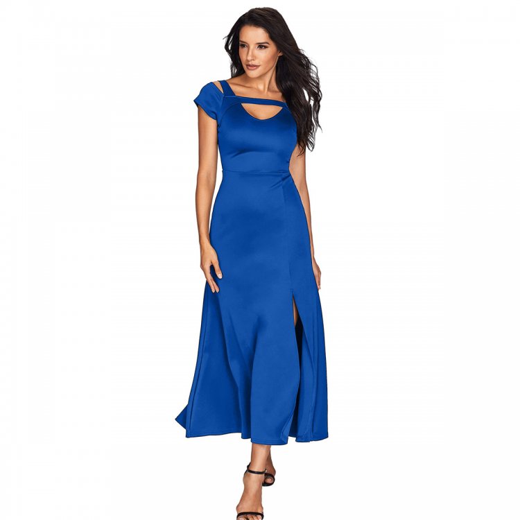 Royal Blue Cold Shoulder Front Slit Flare Maxi Dress