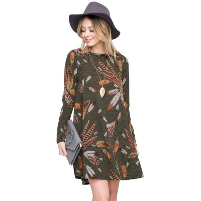 Olive Feather Graphic Pocket Tunic Dress