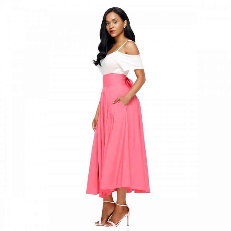Pink Retro High Waist Pleated Belted Maxi Skirt