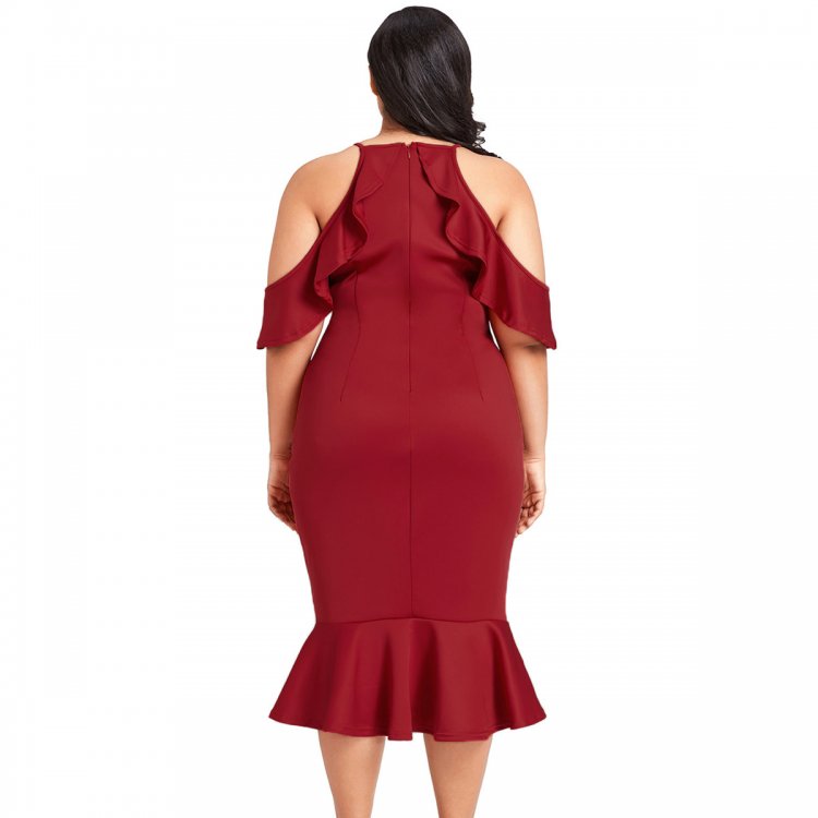 Burgundy Plus Size Ruffle Cold Shoulder Flounced Dress