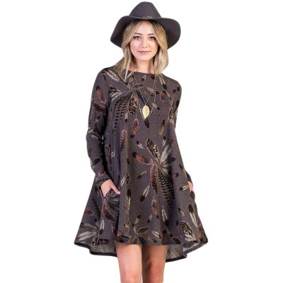 Coffee Feather Graphic Pocket Tunic Dress