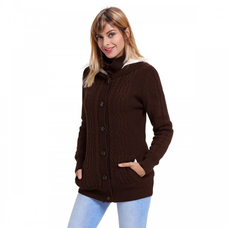 Brown Long Sleeve Button-up Hooded Cardigans