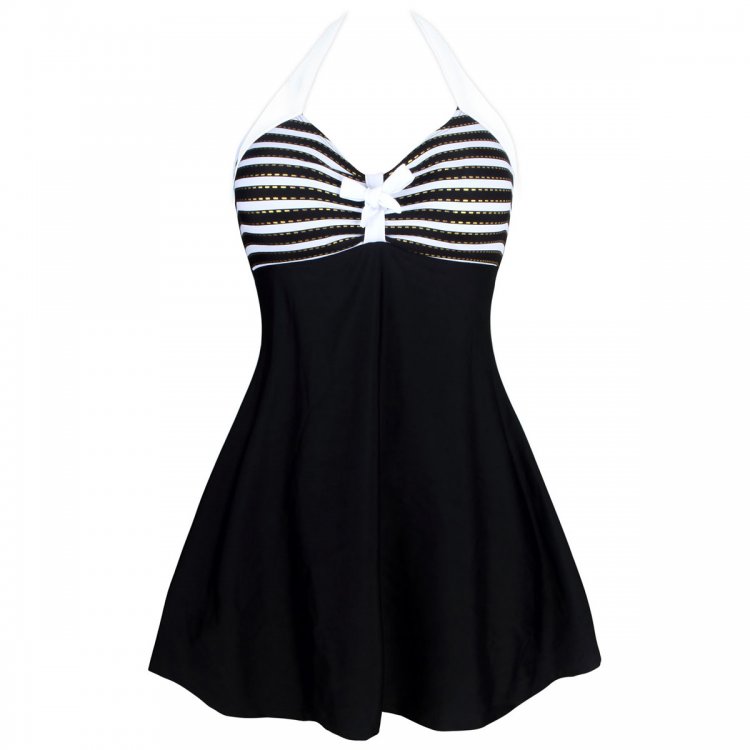 Black White Stripes Gold Trim One-piece Swimdress