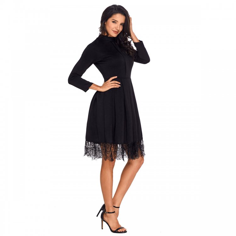 Lace Hemline Detail Black Long Sleeve Skater Dress