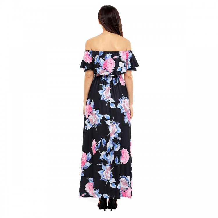 Flower Print Black Grounding Off Shoulder Long Boho Dress