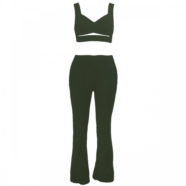 Army Green Cross Front Crop Top and Pocket Pant Set
