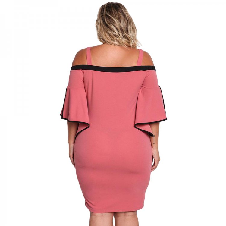 Pink Plus Size Cold Shoulder Bell Sleeve Bodycon Dress