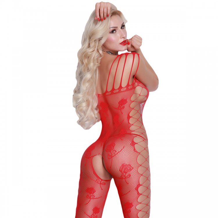 Red Strappy Shoulder Open Crotch Bodystocking