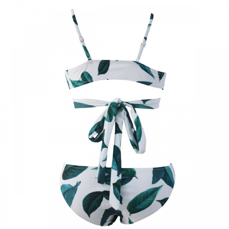 Green Leaf Print Wrapped Top Bikini Set