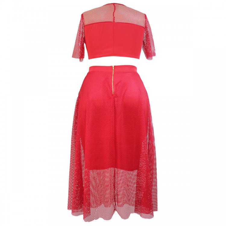 Red Mesh Joint Plus Crop Top Skirt Set