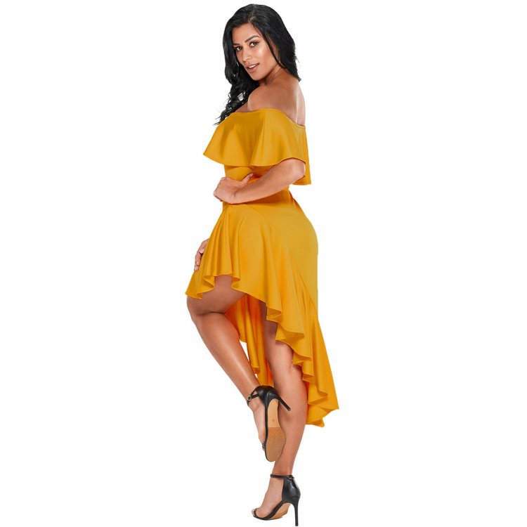Yellow Asymmetric Ruffle Off Shoulder Party Dress