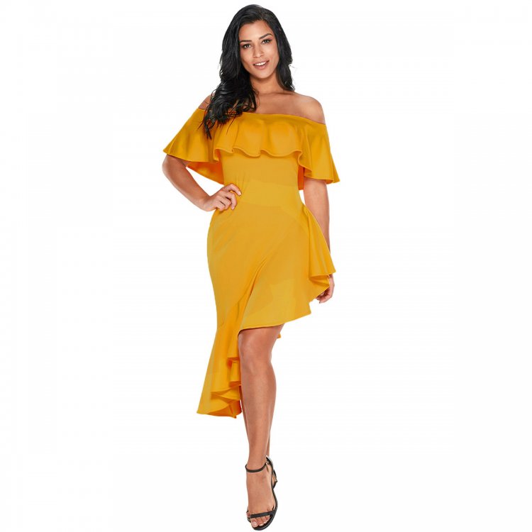 Yellow Asymmetric Ruffle Off Shoulder Party Dress