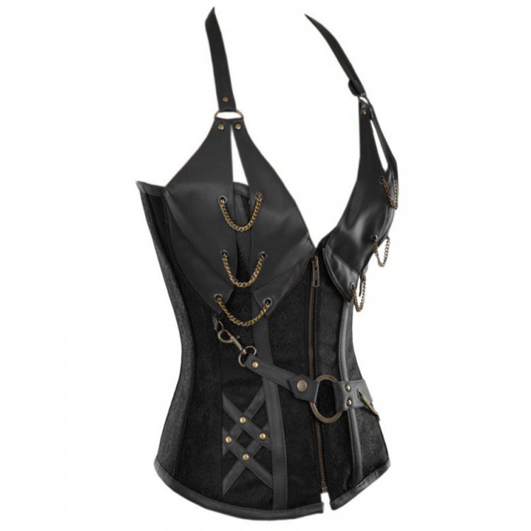 Black 14 Steel Bone Steampunk Leather Corset with Thong