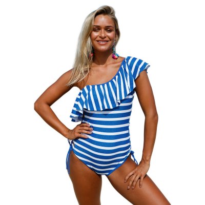 Blue White Stripes Ruffle One Piece Swimsuit