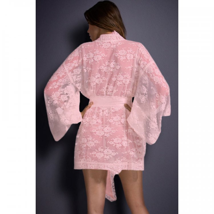 Pink Belted Lace Kimono Nightwear