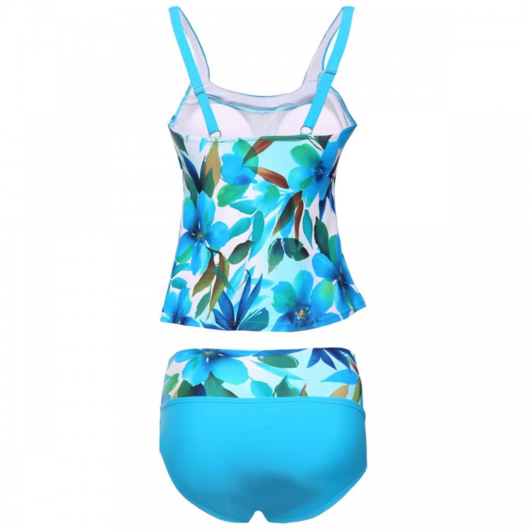Bluish Floral Print 2pcs Tankini Swimsuit