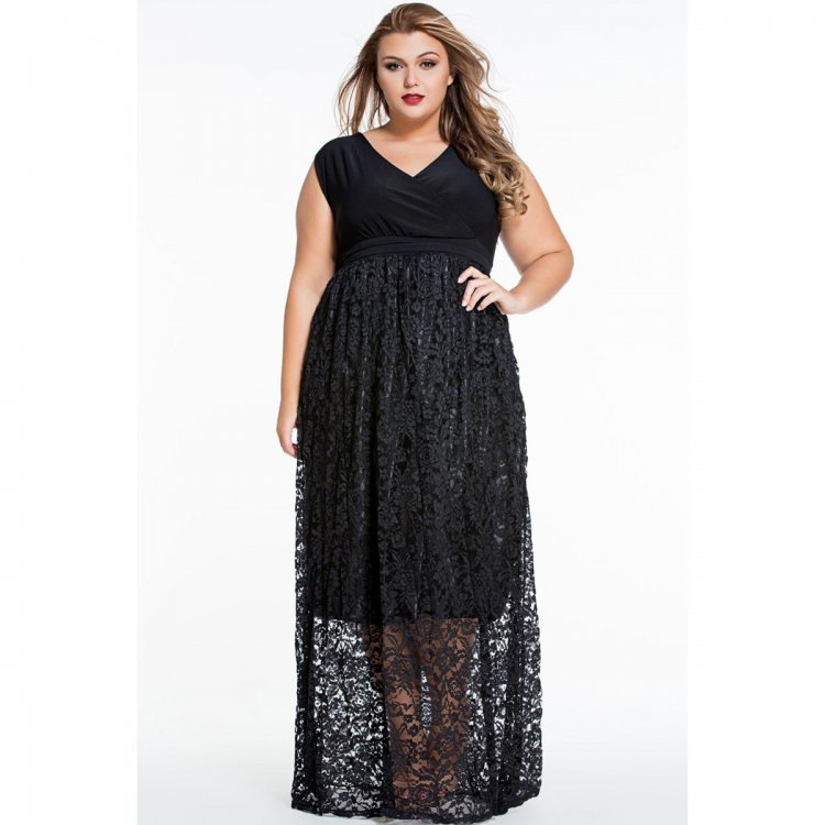 Sexy V Neck Floral Lace Maxi Skirt Plus Dress