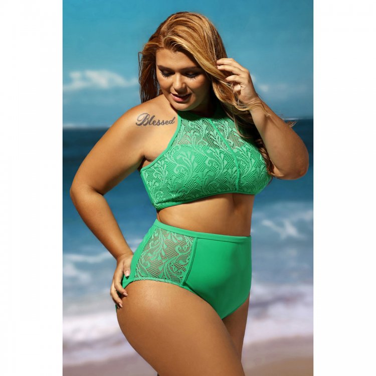 Green Patterned Mesh Insert Plus Size Swimwear