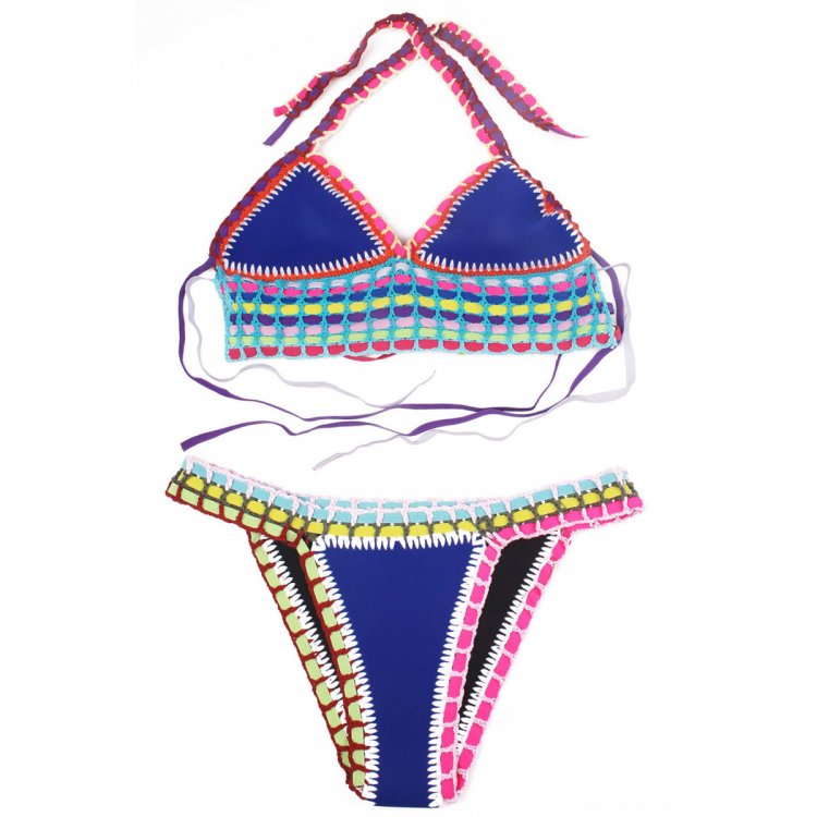 Multicolor Tie Up Crochet Blue Neoprene Bikini Swimsuit