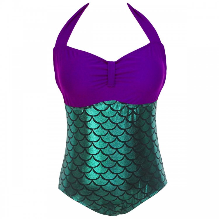 Purple Bralette Splice Metallic Mermaid One Piece Swimwear