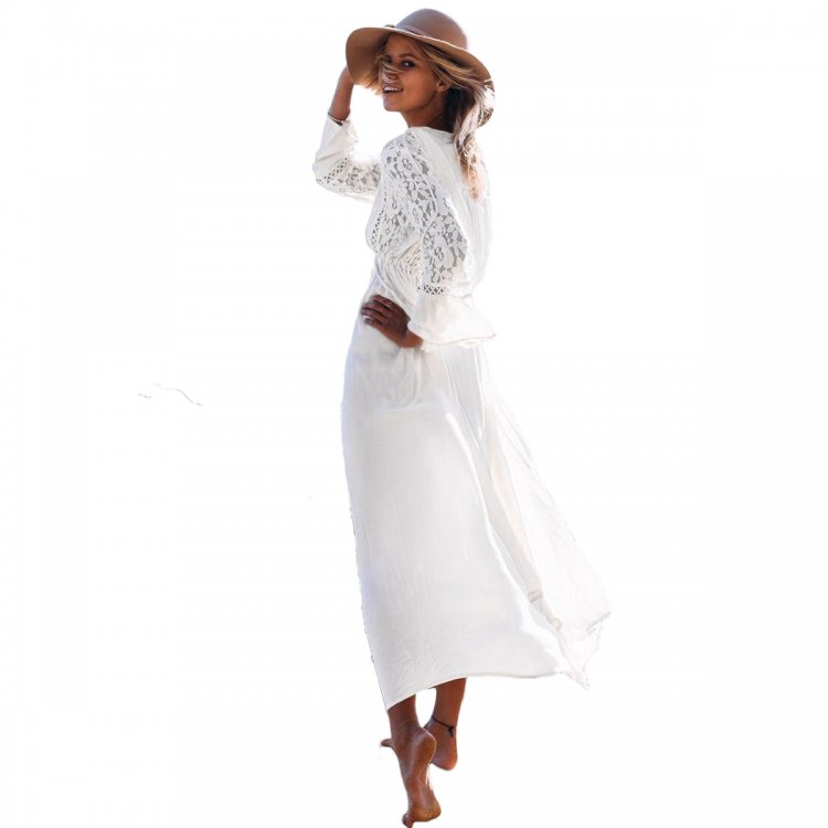 White Delicate Lace Detail Beach Holiday Maxi Dress