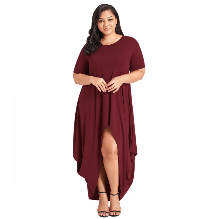 Burgundy Plus Size Hi-Lo Slit Jersey Knit Maxi Dress