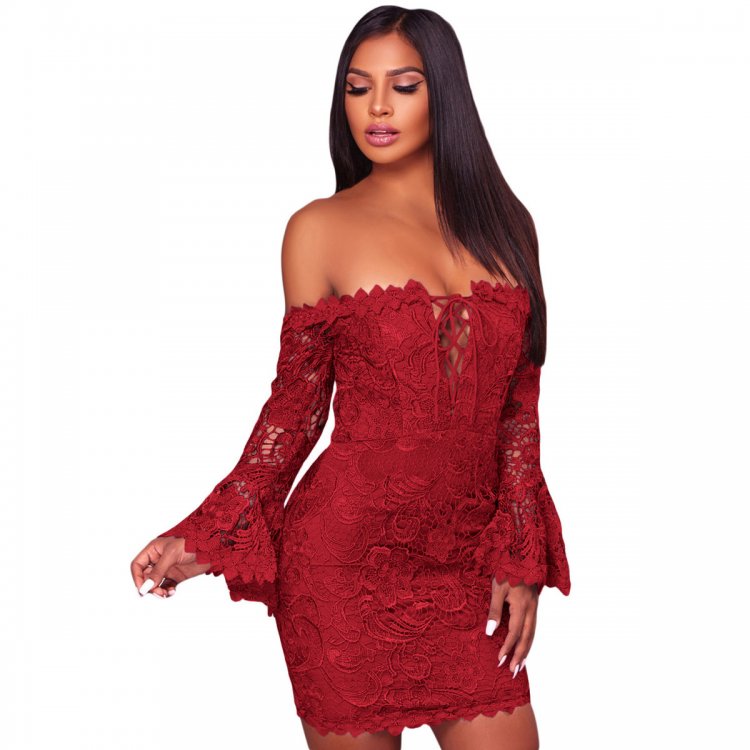 Purplish Red Crochet Overlay Off The Shoulder Fitted Mini Dress