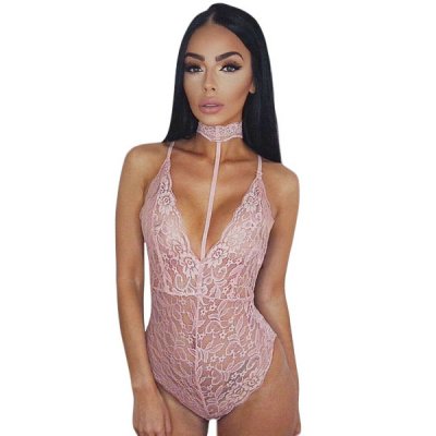 Pink Sheer Lace Choker Neck Teddy Lingerie