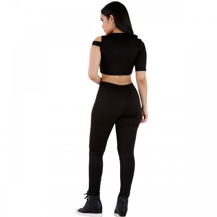 Black 2pcs One Sleeve Fit Jumpsuit Set