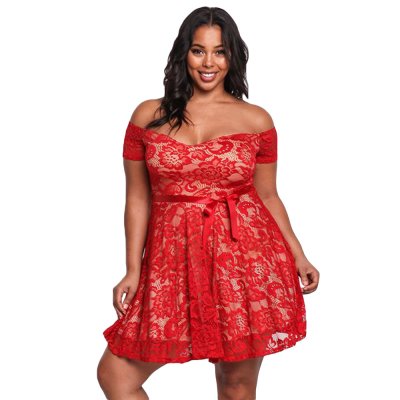 Red Plus Size Floral Lace Flared Off Shoulder Dress