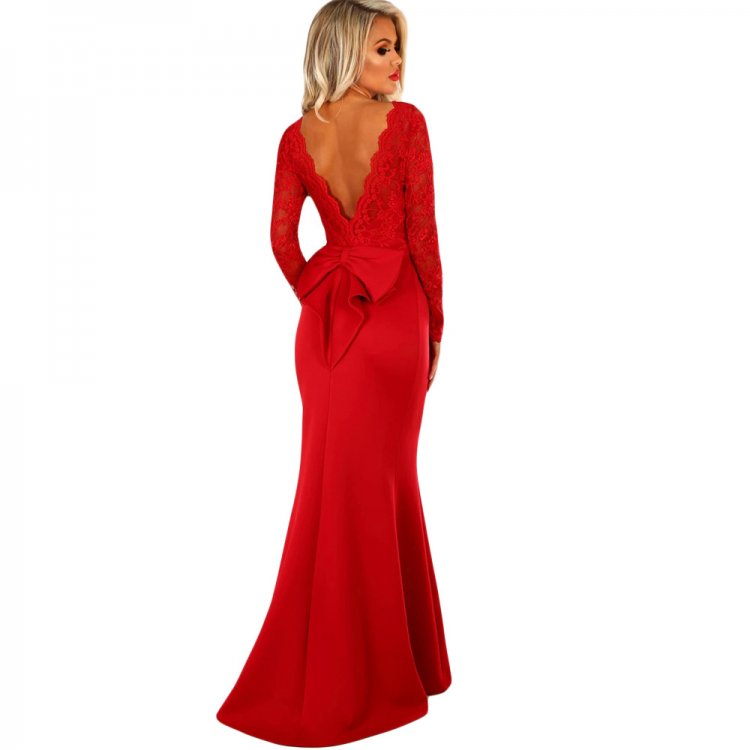 Red Lace Long Sleeve Bow Back Maxi Dress