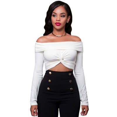 White Knotted Front Off-the-shoulder Long Sleeve Top