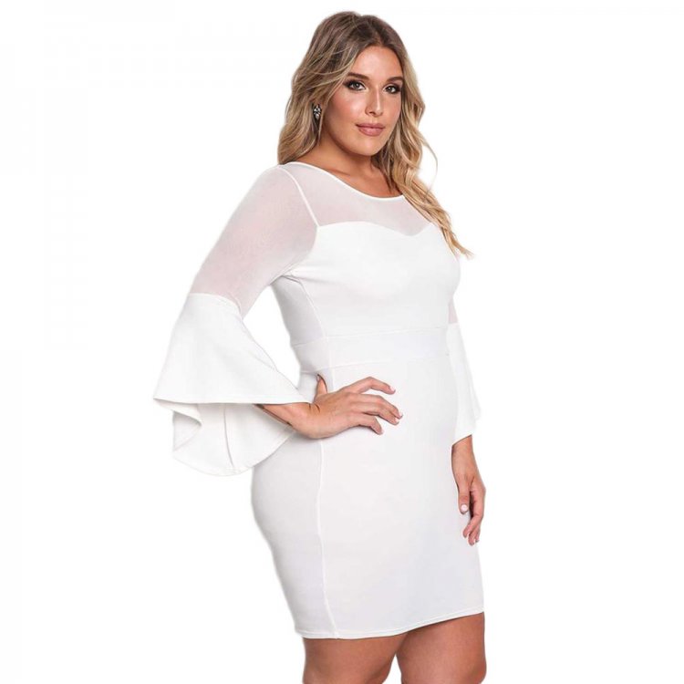 White Plus Size Mesh Trim Bell Sleeve Bodycon Dress