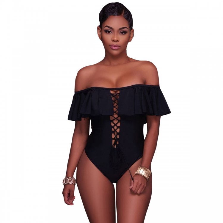 Black Ruffle Off-The-Shoulder One Piece Swimsuit