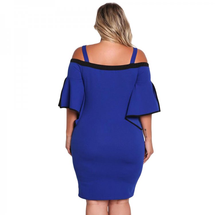 Blue Plus Size Cold Shoulder Bell Sleeve Bodycon Dress