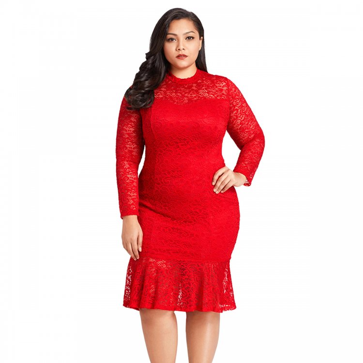 Red Plus Size Floral Lace Hi-Lo Mermaid Dress
